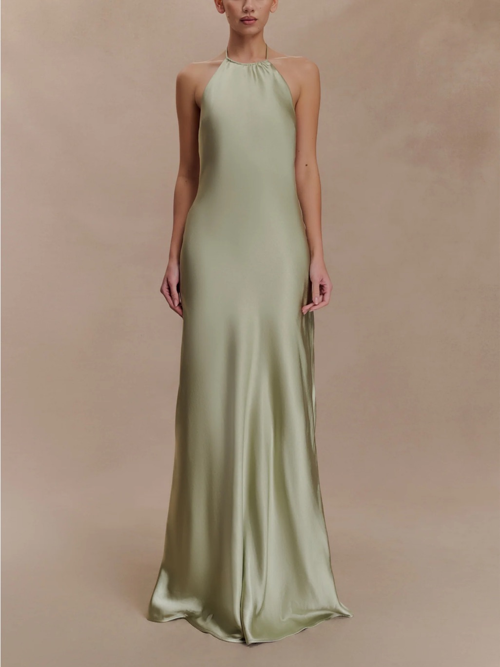 Meshki Bella Green Satin Halter Maxi Dress